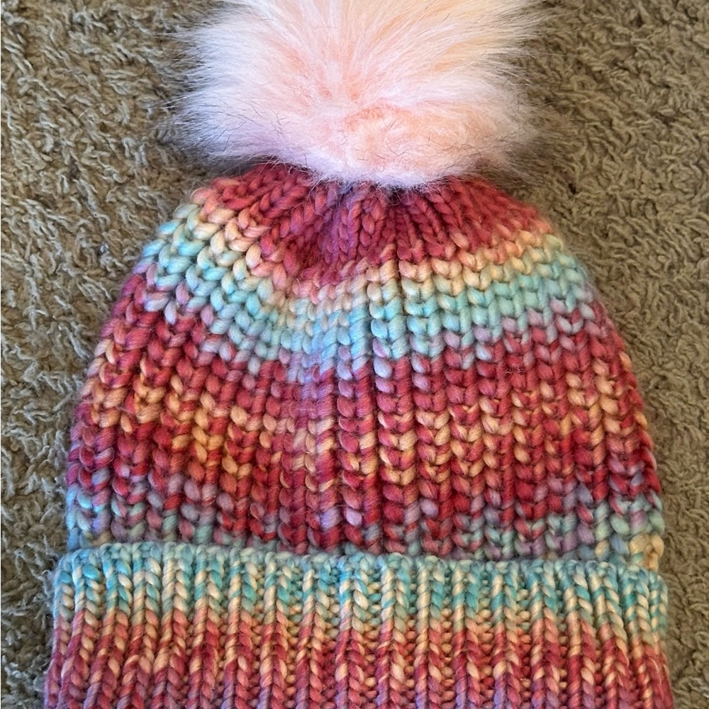 Colorful Knit Hat with Pink Pom-Pom